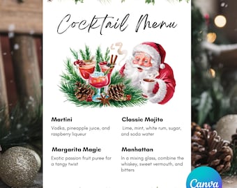 Christmas Cocktail Menu Sign Template, Holiday Party Bar Printable, Drink Menu Sign Template, Cocktail Menu, Christmas Sign Canva Template