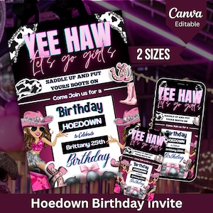 Editable Pink Disco Cowgirl Hoedown Birthday Party, Cowgirl Birthday Invitation, Cowboy Party Invitation, Western Birthday Invitation, Canva