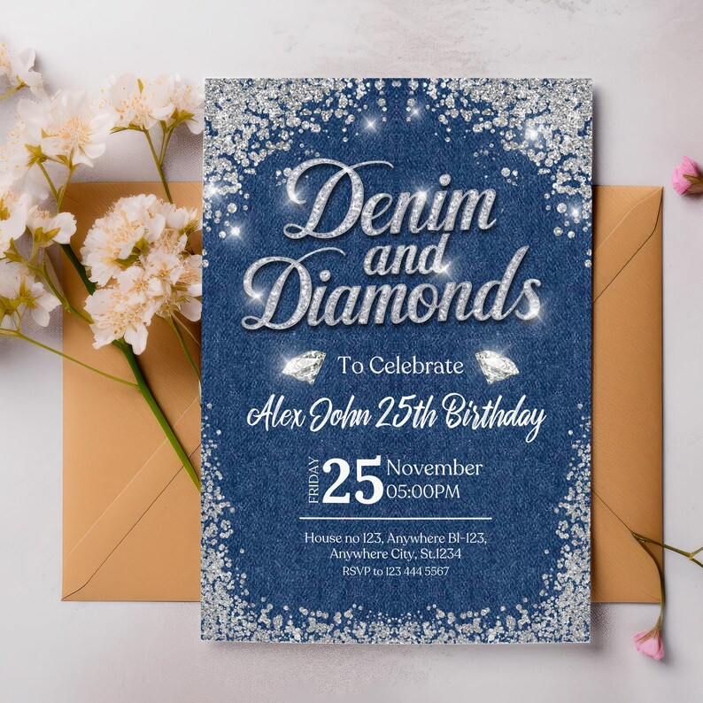 May include: A blue denim and silver glitter birthday invitation with the text "Denim and Diamonds" and "To Celebrate Alex John 25th Birthday". The invitation also includes the date "Friday 25 November 05:00PM", the address "House no 123, Anywhere Bl-123, Anywhere City, St.1234", and the RSVP information "RSVP to 123 444 5567".