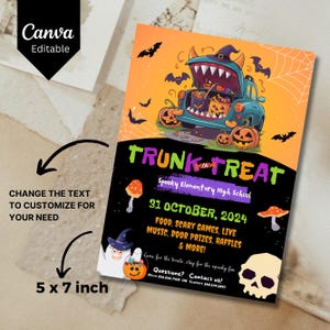 May include: A 5x7 inch printable invitation for a Trunk or Treat event at Spooky Elementary High School on October 31st, 2024. The invitation features a cartoon monster truck with a witch's hat and a mouth full of candy. The text reads "Trunk or Treat" in purple and green letters. The invitation also includes details about the event, such as food, scary games, live music, door prizes, raffles, and more.