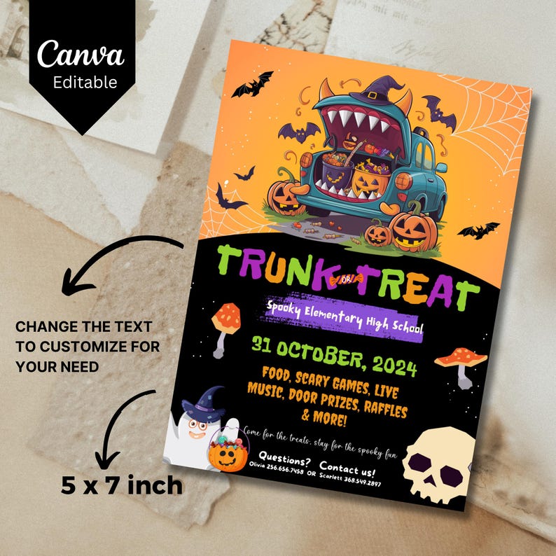 May include: A 5x7 inch printable invitation for a Trunk or Treat event at Spooky Elementary High School on October 31st, 2024. The invitation features a cartoon monster truck with a witch's hat and a mouth full of candy. The text reads "Trunk or Treat" in purple and green letters. The invitation also includes details about the event, such as food, scary games, live music, door prizes, raffles, and more.
