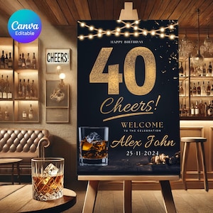 Fête des 40 ans pour homme, plaque de bienvenue modifiable de whisky, affiche imprimable de plaque d&#39;entrée, modèle Canva à 40 ans, téléchargement immédiat