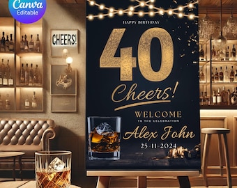 Men's 40th Birthday Party, Editable Whiskey Welcome Sign, Printable Entrance Sign Poster, Cheers To 40 Years Canva Template Instant download