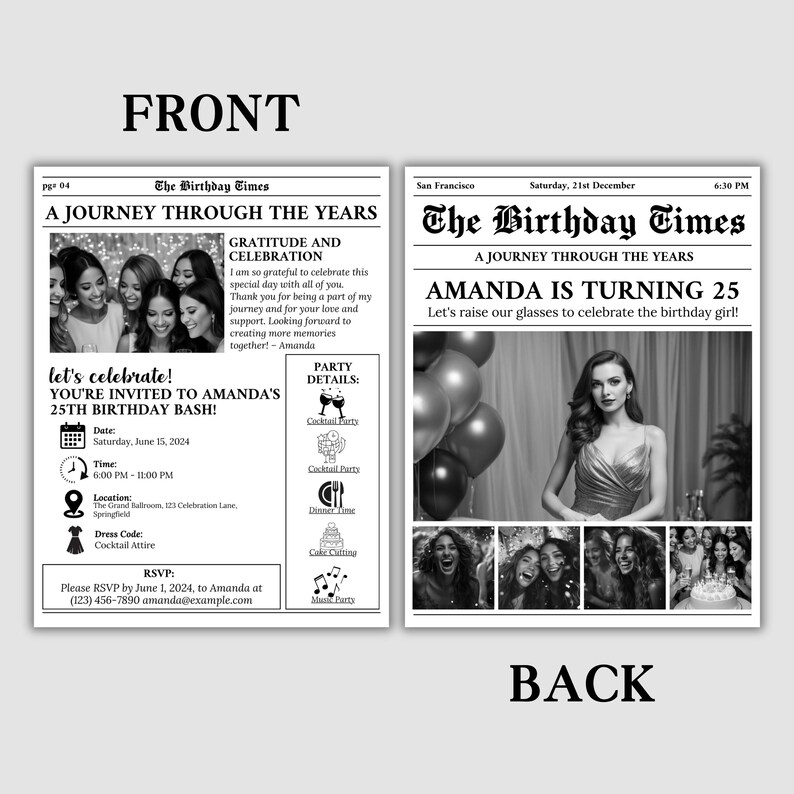 Puede incluir: Una invitaci&oacute;n de cumplea&ntilde;os en blanco y negro estilo peri&oacute;dico para un 25&ordm; cumplea&ntilde;os. El titular dice "Amanda cumple 25 a&ntilde;os". La invitaci&oacute;n incluye una foto de la cumplea&ntilde;era y una lista de detalles de la fiesta.