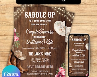 May include: A Western-themed wedding invitation with a rustic wood background. The invitation includes text that reads "Saddle Up" and details for a couple's shower. The design features cowboy boots, a hat, and floral accents. A smartphone displays the invitation.