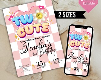 Two Cute Birthday Invitation, Editable Birthday Girl Invitation Template, Girl Second Retro Birthday Party, Canva Template, Instant Download