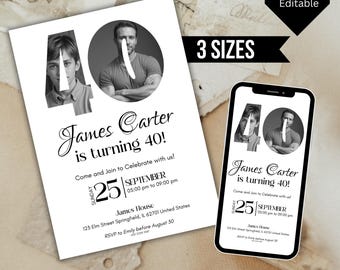 Faire-part 40e anniversaire avec photo, Look qui a 40 ans, modèle modifiable d'invitation 40e anniversaire, 40e invitation, 40e invitation homme, modèle canva