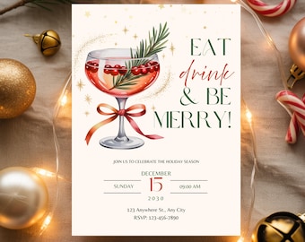 Eat Drink and Be Merry Christmas Party Invitation Template, Editable Christmas Cocktail Invite, Christmas Cocktail Party Invitation Canva