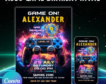 Video Game Birthday Invitation, Printable Neon Game Level Up Birthday Party Invite, Editable Itinerary, Canva Template, Instant Download