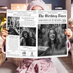 Bearbeitbare Geburtstagszeitungsvorlage, Canva-Geburtstagszeitung, Geburtstags-Infografik-Einladung mit lustigen Fakten und Kreuzworträtsel für jedes Jahr