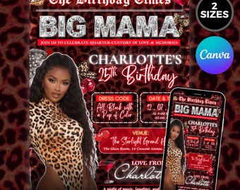 Invitación de cumpleaños Big Mama con estampado de guepardo y cerezas para chicas, guepardo rojo y negro, con estampado de guepardo.