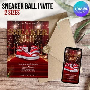 Invitación de cumpleaños de Sneaker Ball, invitación de Sneaker Ball imprimible, fiesta de zapatillas, plantillas de Canva para fiesta de cumpleaños editables, descarga instantánea