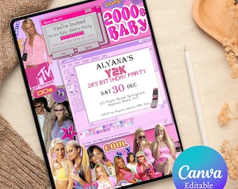 Invitación para fiesta Y2K, invitación de cumpleaños Y2K, invitación para fiesta de cumpleaños de principios de los 2000, recuerdo de bebé de los 90, plantilla de Canva de descarga instantánea