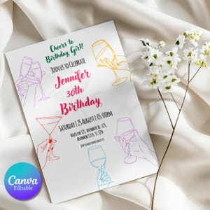 Editable Birthday Hand Drawn Invite, Birthday Party Cocktail Invitation, 30th, 40th, 50th, Birthday Invite Template, Canva Template