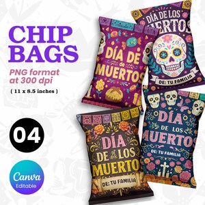 Bearbeitbare Chip-Beutelvorlage, Dia de los Muertos Party Favors, Zuckerschädel Leckerlibeutel, Fiesta Feier Dekor Digital