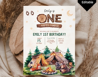 Invitación de cumpleaños "Un campista feliz", Primer cumpleaños de niño, Invitación de cumpleaños con temática de campamento, Invitación de cumpleaños en el bosque, Invitación de cumpleaños en Canva para el primer cumpleaños
