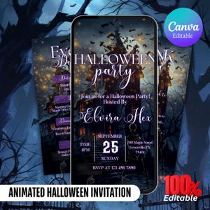 May include: Animated Halloween party invitation with a spooky house, bats, and a purple and white color scheme. The text reads "Halloween party" and "Join us for a Halloween Party! Hosted By Elvira Hex". The date is September 25th, Sunday, and the time is 4 PM. The address is 789 Maple Street, Greenville, TX 75401. The RSVP number is 123 456 7890.