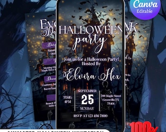 Digital Halloween Invitation Template, Gothic Halloween Evite, Electronic Phone Text Halloween Invitation,Animated Witch Pumpkin Party Canva