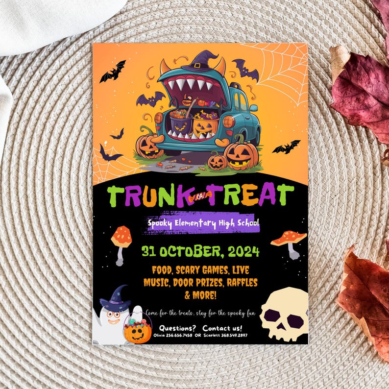 May include: A black and orange Halloween Trunk or Treat invitation with a cartoon monster truck and pumpkins. The text reads "Trunk Treat" with a spooky font and "Spooky Elementary High School" below. The date is "31 October, 2024".