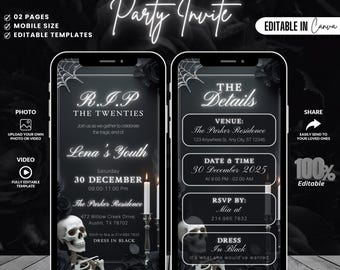 Invitación digital de despedida a mis 20 / Invitación de despedida a mis 30 / Invitación de cumpleaños gótica, Invitación para el 30 cumpleaños, Invitación para el funeral de mi juventud