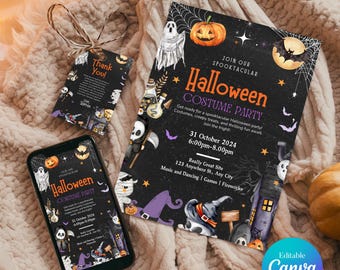 May include: A Halloween Costume Party invitation and matching thank you tag, along with a smartphone displaying the same design. The invitation features a pumpkin, bats, ghosts, and the text "Halloween Costume Party". The design is on a black background.