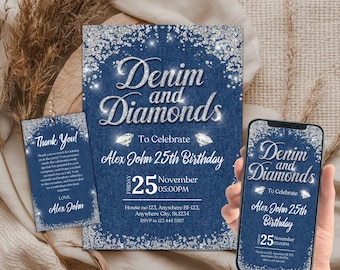 Denim and Diamonds Birthday invitation, Editable Denim Birthday Dinner Invites, denim and diamonds Party Invite, Canva Template
