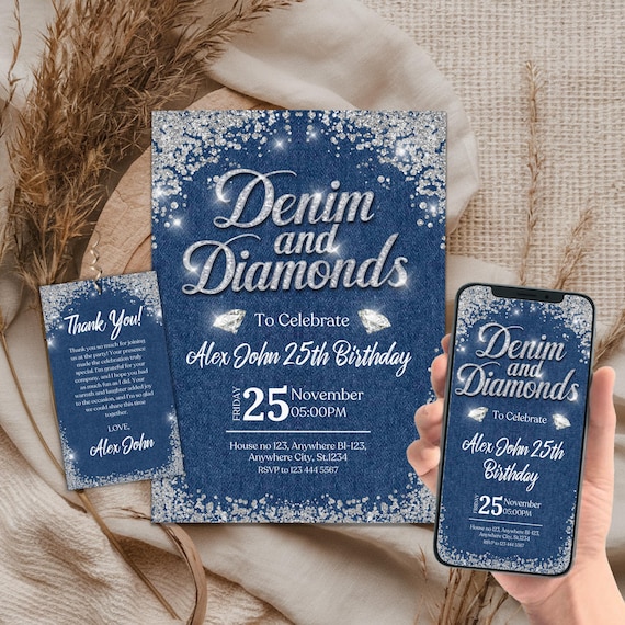 Denim and Diamonds Birthday invitation, Editable Denim Birthday Dinner Invites, denim and diamonds Party Invite, Canva Template