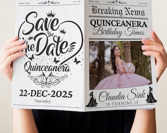 Save the date Quinceanera newspaper.Mis Quince Años Newspaper Save the Date Quinceañera Photoshoot,Sweet 15 Newspaper Invite QuinceNewspaper