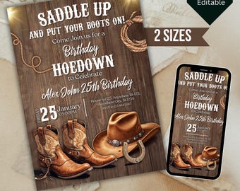 Convite para festa de aniversário Western Hoedown, prepare-se e calce as botas, convite de aniversário de cowboy para imprimir, modelo editável do Canva