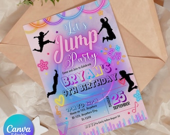 Invitación de cumpleaños con salto, invitación editable para parque de trampolines, invitación de cumpleaños con salto brillante, plantilla de Canva