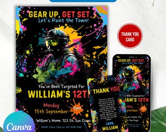 May include: A colorful paintball party invitation with a black background and a masked figure in the center. The text reads "Gear Up, Get Set. Let's Paint the Town!" and "You've Been Targeted For William's 12th".
