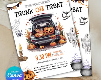 Ulotka Trunk or Treat, Szablony Trunk or Treat do szkoły lub kościoła, Zaproszenie na imprezę Halloween, Szablony Trunk or Treat, Szablon Canva