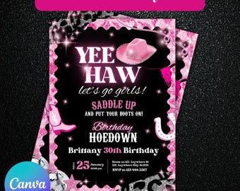 Redigerbar rosa disco cowgirl hoedown födelsedagsfest, cowgirl födelsedagsinbjudan, rosa cowgirlfestinbjudan, Yee Haw-fest, Canva-mall