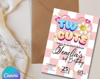 Two Cute Birthday Invitation, Editable Birthday Girl Invitation Template, Girl Second Retro Birthday Party, Canva Template, Instant Download