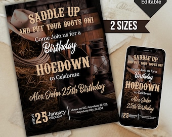 Western Hoedown Birthday Invitation Cowboy Birthday Party Invitation,Saddle Up and Put Your Boots On,Boots and Dukes Western Birthday Invite