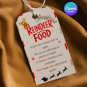 Weihnachten Rentier Food Tag, Magisches Rentier Food Tag, Bearbeitbarer Weihnachtsgeschenkanhänger, Heiligabend Reindeer Sprinkle Favor Tag Canva Vorlage