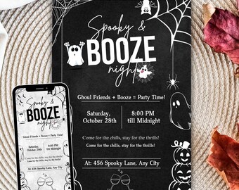 Modello di invito per la festa di Halloween "Boos and Booze", invito per compleanno di Halloween, invito per compleanno di fantasmi, modello per cocktail in costume e fantasma