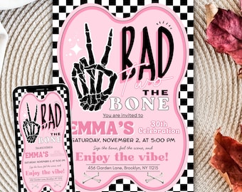 Invitación de cumpleaños de Bad Two the Bone / Invitación digital editable / Fiesta de dos niñas geniales para el segundo cumpleaños / Plantilla de invitación de Bad Bone rosa