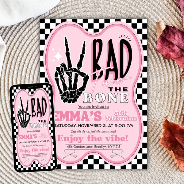 Bad Two the Bone Birthday Invitation | Editable Digital Invite | Two Cool 2nd Birthday Girl Party | Pink Bad Bone Invitation template