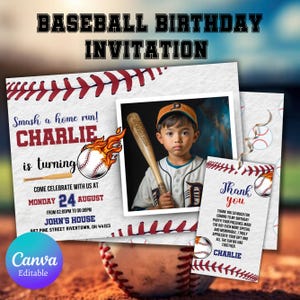 Invitación de cumpleaños de béisbol con foto, invitación a fiesta de cumpleaños de béisbol, invitación deportiva de novato del año, plantilla Canva, descarga instantánea