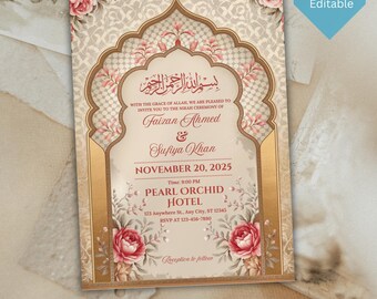 Plantilla de invitación de boda islámica, invitación de Nikkah, invitación de Valima, invitación de Shaadi, invitación de Baraat, invitación de boda musulmana