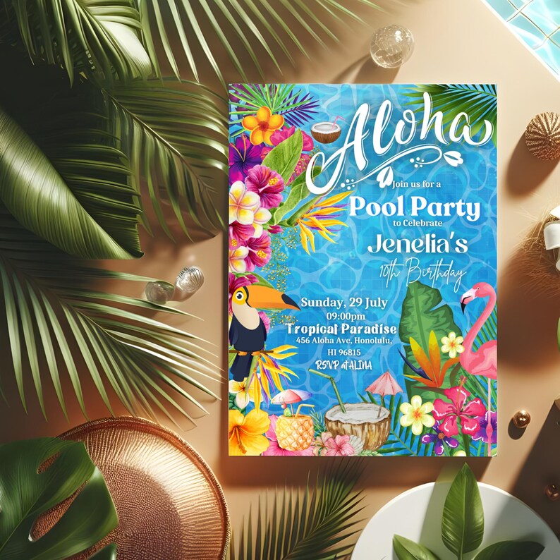 May include: A blue and green tropical themed invitation for a pool party to celebrate Jenelia's 10th birthday. The invitation features a toucan, flamingo, and tropical flowers. The text reads "Aloha, Join us for a Pool Party to Celebrate Jenelia's 10th Birthday, Sunday, 29 July 09:00pm, Tropical Paradise 456 Aloha Ave, Honolulu, HI 96815, RSVP at ALIMA."