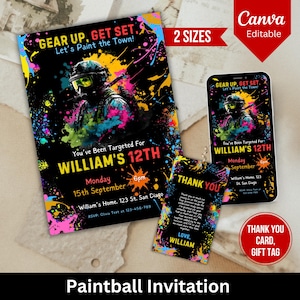 Puede incluir: Una invitación colorida para un juego de paintball con un fondo negro y una figura enmascarada sosteniendo una pistola de pintura. La invitación dice "Gear Up, Get Set. Let's Paint the Town!" y "You've Been Targeted For William's 12th". La invitación también incluye la fecha, la hora y la ubicación del evento.