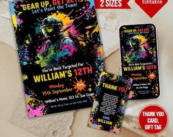 May include: A colorful paintball invitation with a black background and a masked figure holding a paintball gun. The invitation says "Gear Up, Get Set. Let's Paint the Town!" and "You've Been Targeted For William's 12th". The invitation also includes the date, time, and location of the event.