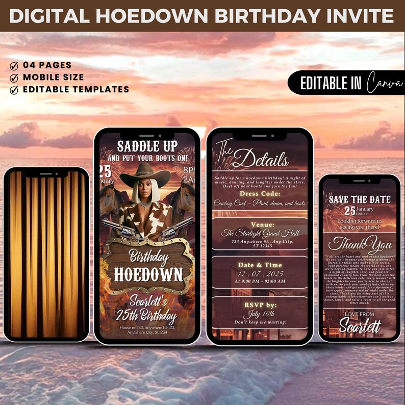 Pu&ograve; includere: Un invito digitale per una festa di compleanno a tema western. L'invito presenta una donna che indossa un cappello da cowboy e una camicia a quadri, mentre cavalca un cavallo. Il testo sull'invito dice "Saddle Up and Put Your Boots On!" e "Birthday Hoedown".