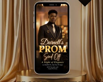 Prom Send Off Invitation, Digital Black Gold Boys Editable Invite Template, King Prom Party Invite, Men DIY Graduation Celebration Animated
