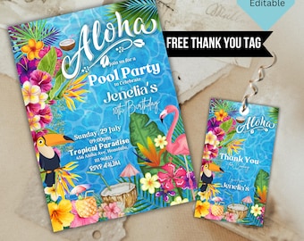 Pode incluir: Um vibrante conjunto de convite e etiqueta de agradecimento para uma festa na piscina. O convite, com a palavra "Aloha", inclui detalhes para um 10º aniversário, um flamingo, um tucano e flores tropicais. A etiqueta diz "Obrigado".