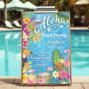 May include: A tropical-themed pool party invitation with a blue background, palm leaves, flowers, a toucan, and a flamingo. The text reads "Aloha, Join us for a Pool Party to Celebrate Jenelia's 10th Birthday, Sunday, 29 July 09:00pm, Tropical Paradise 456 Aloha Ave, Honolulu, HI 96815, RSVP at ALIMA".