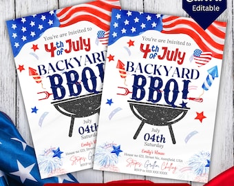 Invitation barbecue du 4 juillet, invitation barbecue dans le jardin, invitation jour de l'indépendance, modèle modifiable toile, téléchargement immédiat