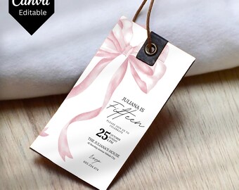 Coquette Pink Bow Favor Tags, Pink Bow 1st Birthday Gift Tags, Pink Bow Birthday Favor Tags Template, Pink Bow Thank You Tags Canva Template